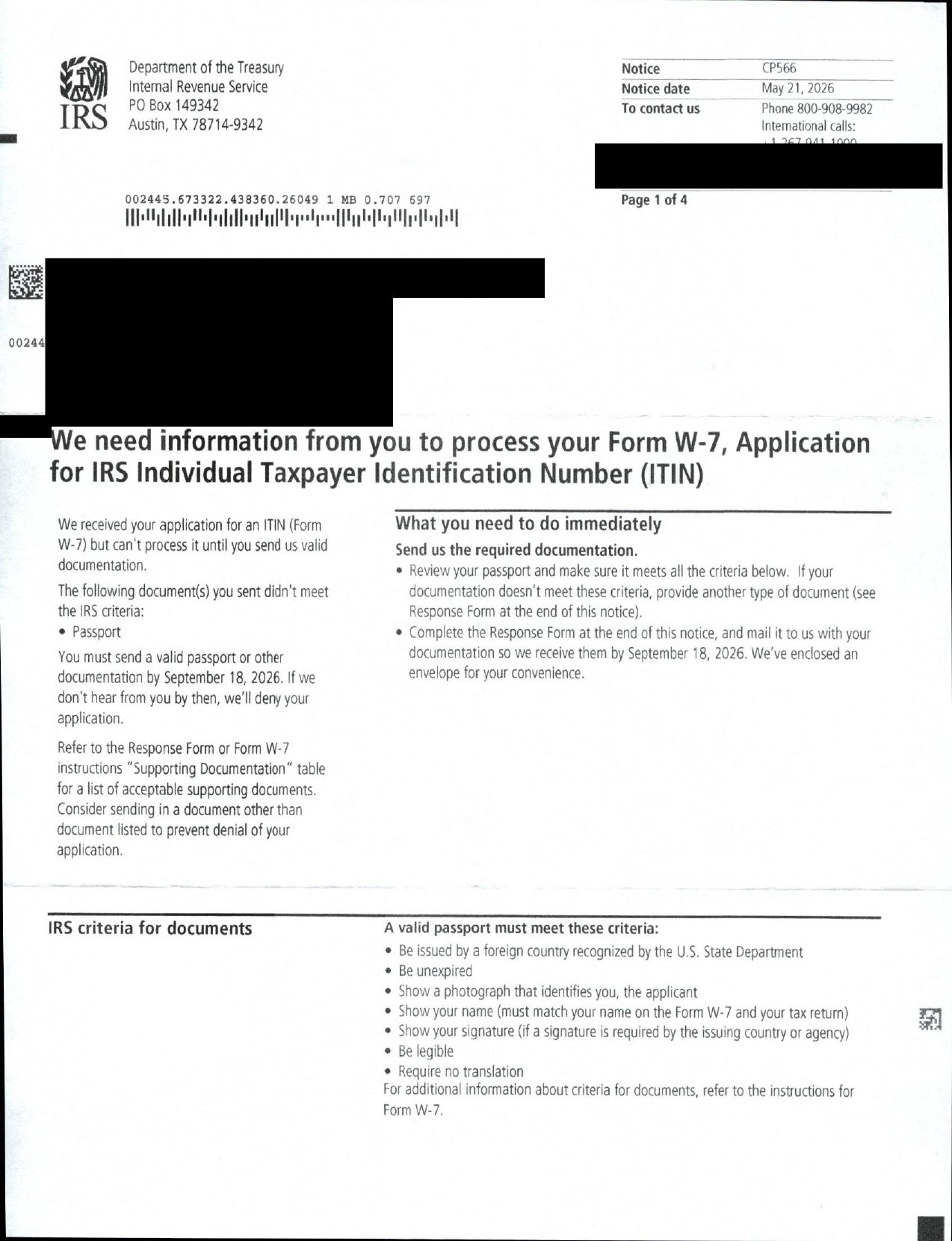Real IRS CP566 Notice — ITIN Objection Letter (redacted)